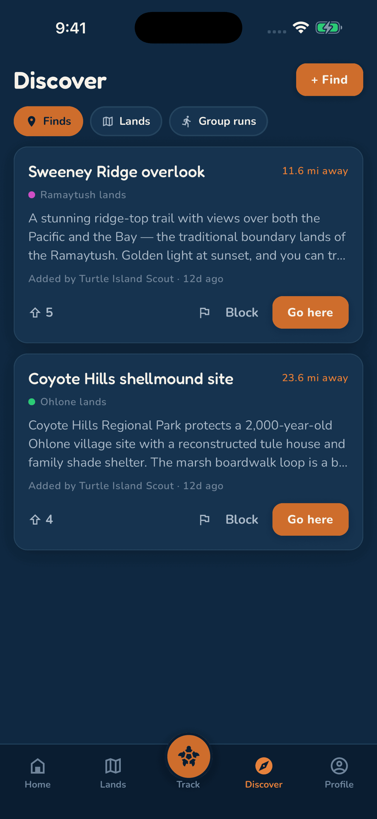 The discover screen, with nearby finds, lands, and public group runs.